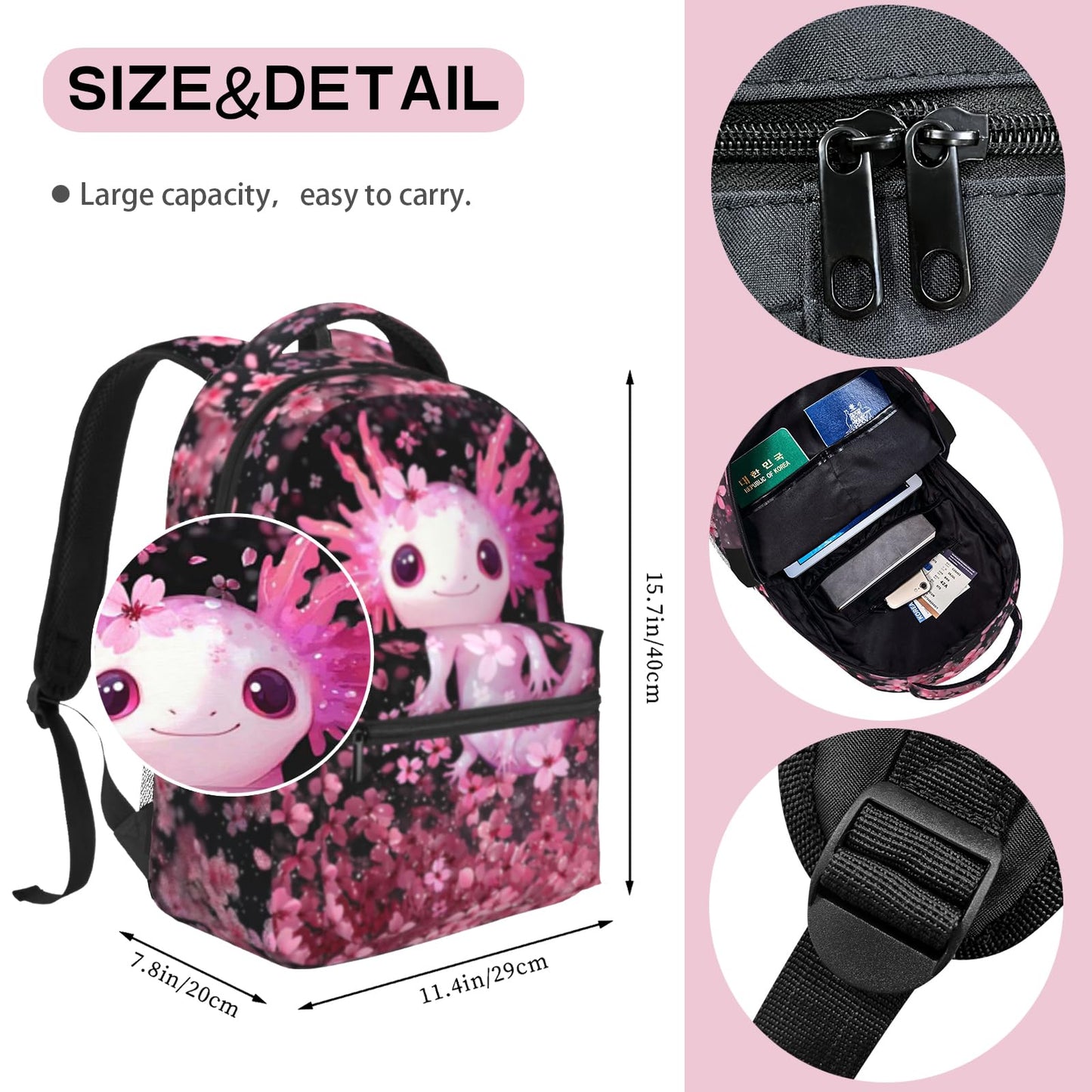 Axolotls Backpack for Girls Cute Axolotls School Backpack For Kids Lightweight Adjustable Elementary Middle School Students Bookbag Travel Back Pack for Children Teens Age 6-18