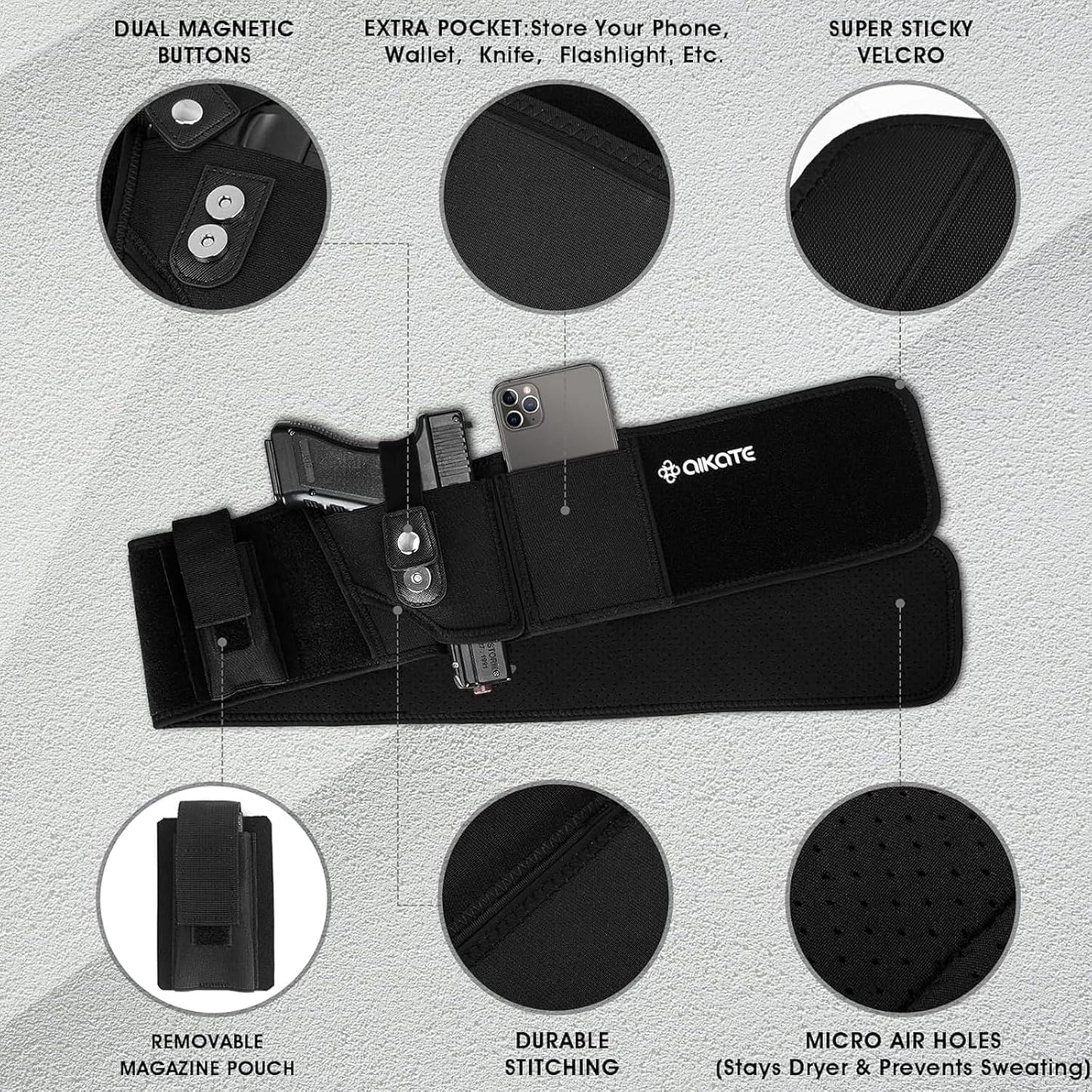 AIKATE Belly Band Holster - Upgraded Concealed Carry for Men | Fits Glock 19, 17 & S&W M&P Shield 9MM