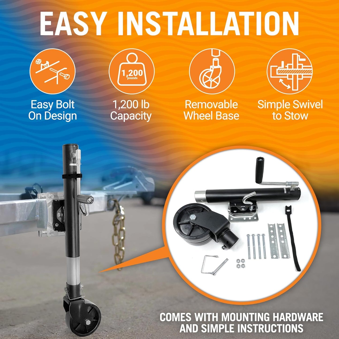 Better Boat Boat Trailer Jack - Heavy Duty 1200 lb Folding Tongue Jack with Wheel for RV & Utility Trailers