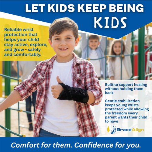 Brace Align Kid’s Lace-Up Wrist Brace - Immobilization for Sprains, Strains, Carpal Tunnel & De Quervain’s PDAC L3908 - Left Wrist - Fits 4-5.5 in Wrist Circ.
