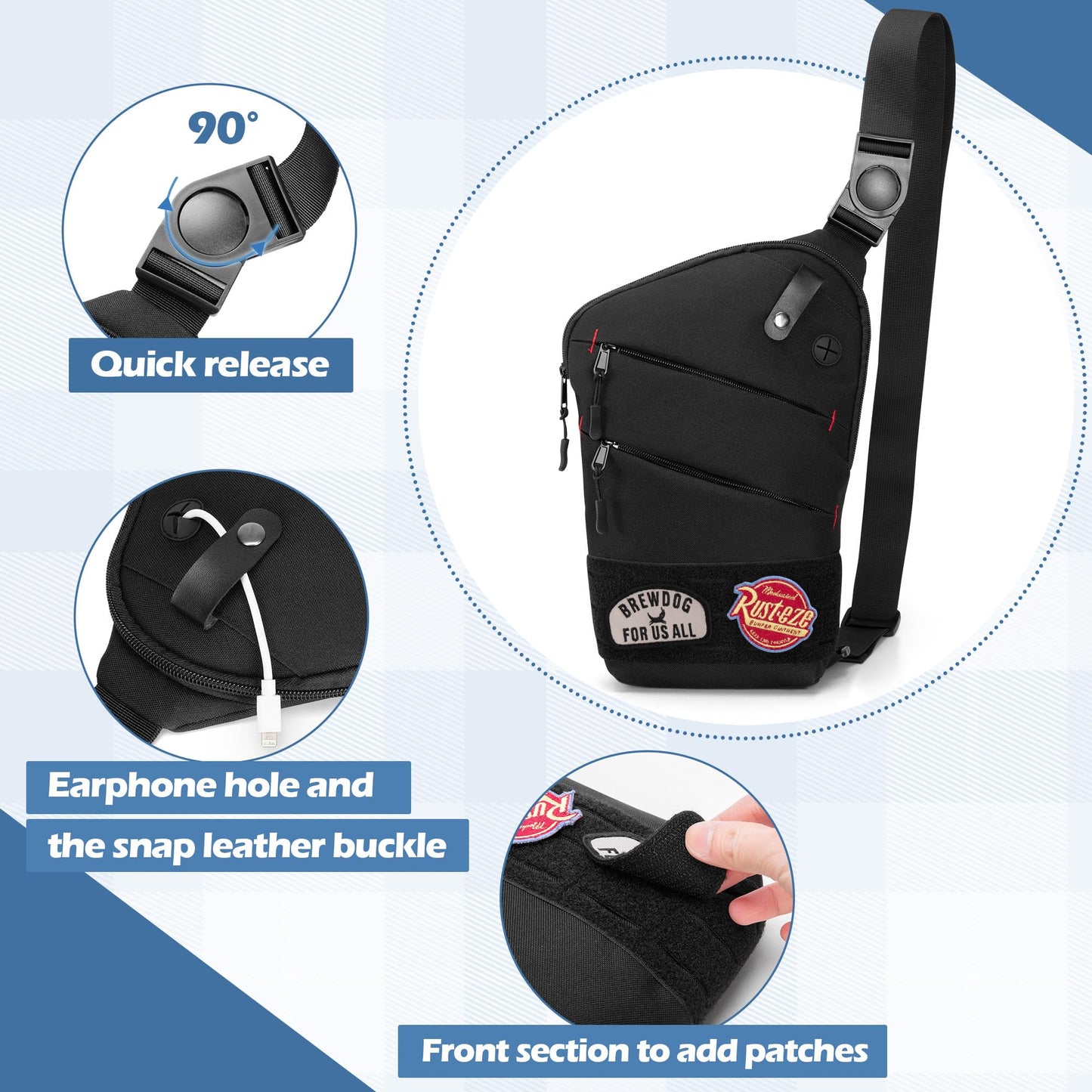 Smasrob Sling Bag for Men and Women, Crossbody Bag with Patches Area and Multiple Pockets (Bag Only), Black