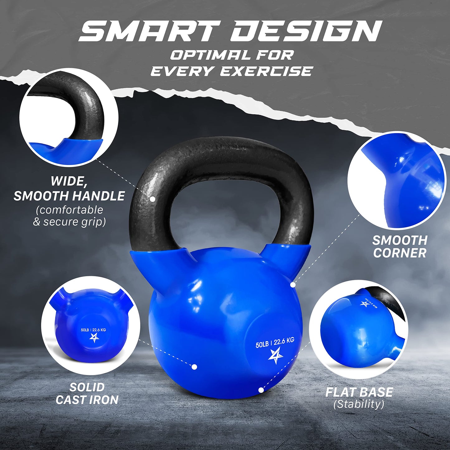 Yes4All Kettlebell, 50 lb Vinyl Coated Cast Iron Strength Training Kettlebells for Home Gym Exercises, Heavy Weights Gym, Fitness, Full Body Workout Equipment, Push up, Grip, Strength Training - Blue