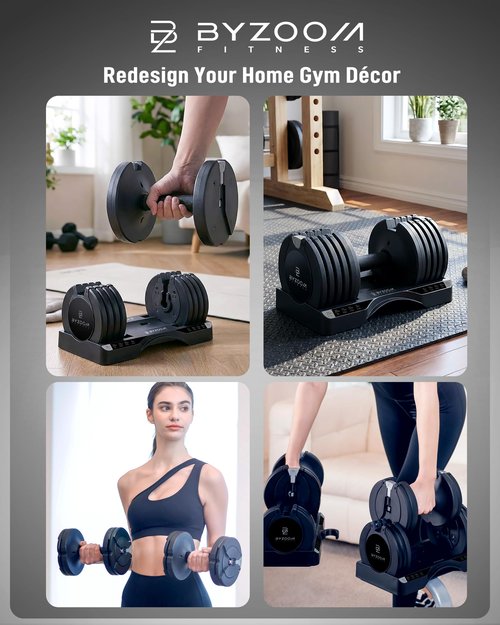 BYZOOM FITNESS Adjustable Dumbbell Set 25lb Single Unit – 5-in-1 Compact Free Weights for Home Gym, Patented Easy-Adjust Design, Sleek Aesthetic for Strength Training & Workouts, Black