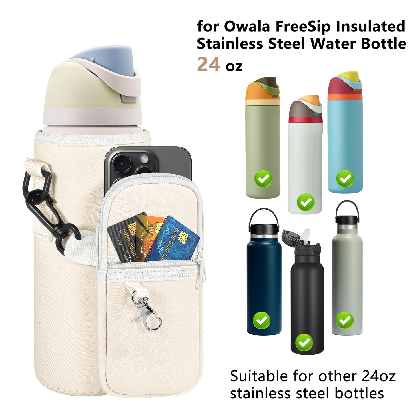 Icesip Water Bottle Carrier Bag with Strap for Owala FreeSip 24 oz with Detachable Phone Pocket for Owala Accessories 24oz Water Bottle Sleeve for Walking Camping Gym Off White