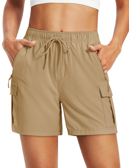 MAGCOMSEN Womens Quick Dry Shorts Lightweight Hiking Cargo Shorts with Zipper Pockets Summer Athletic Outdoor Khaki M