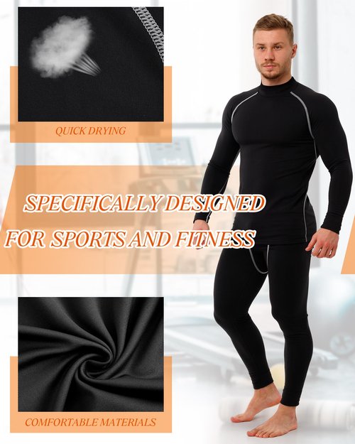 Hicarer 4/6 Set Men's Compression Shirts Pants Long Sleeve Base Layer Set Thermal Underwear for Men Running Gym Yoga Sports(6 Set,Dark Colors,Large)