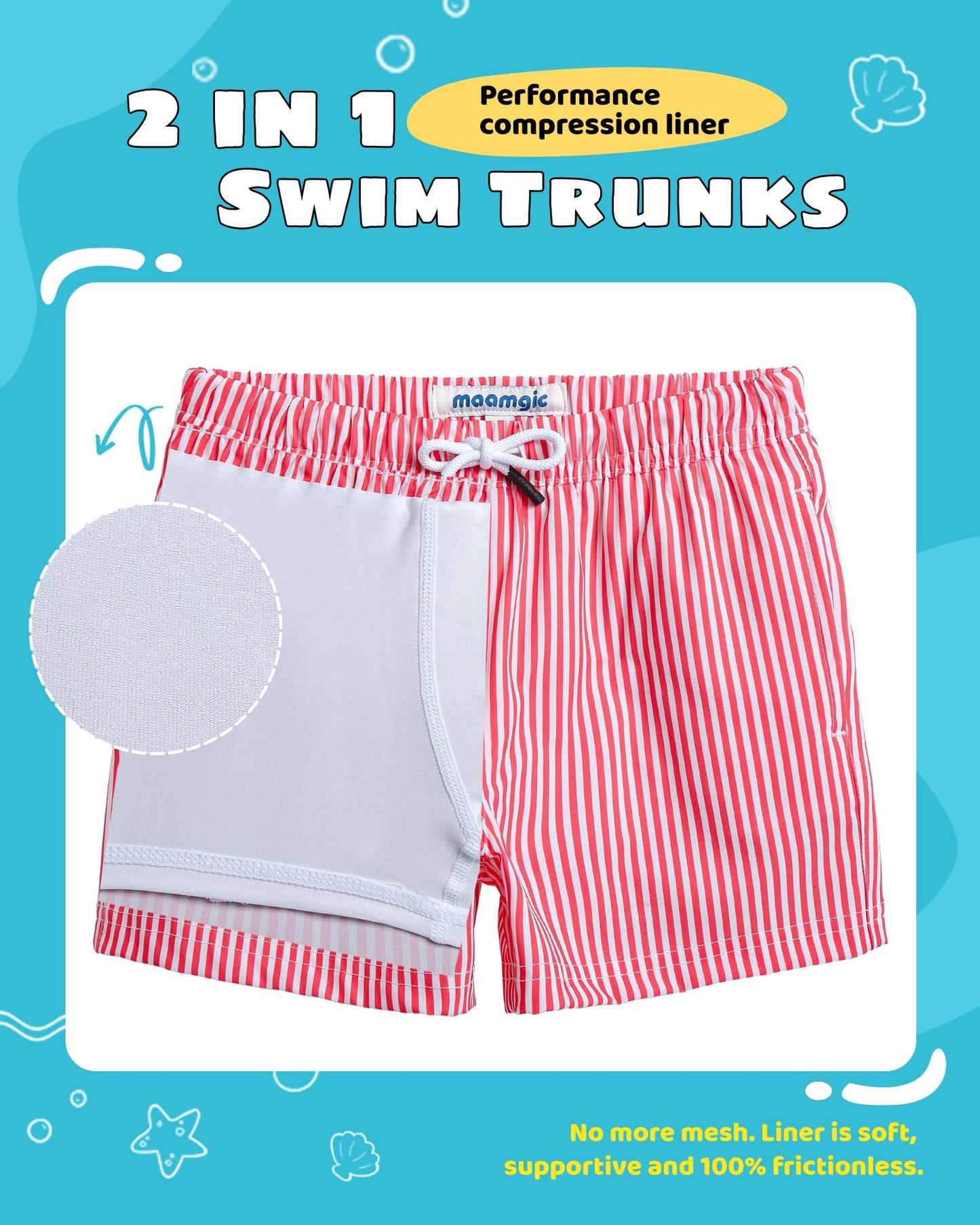 maamgic Boys Swim Trunks with Compression Liner Toddler Stretch Swim Shorts Quick Dry Swimming Trunks Boxer Brief 2 in 1 Beach Shorts Red Stripe 14/16
