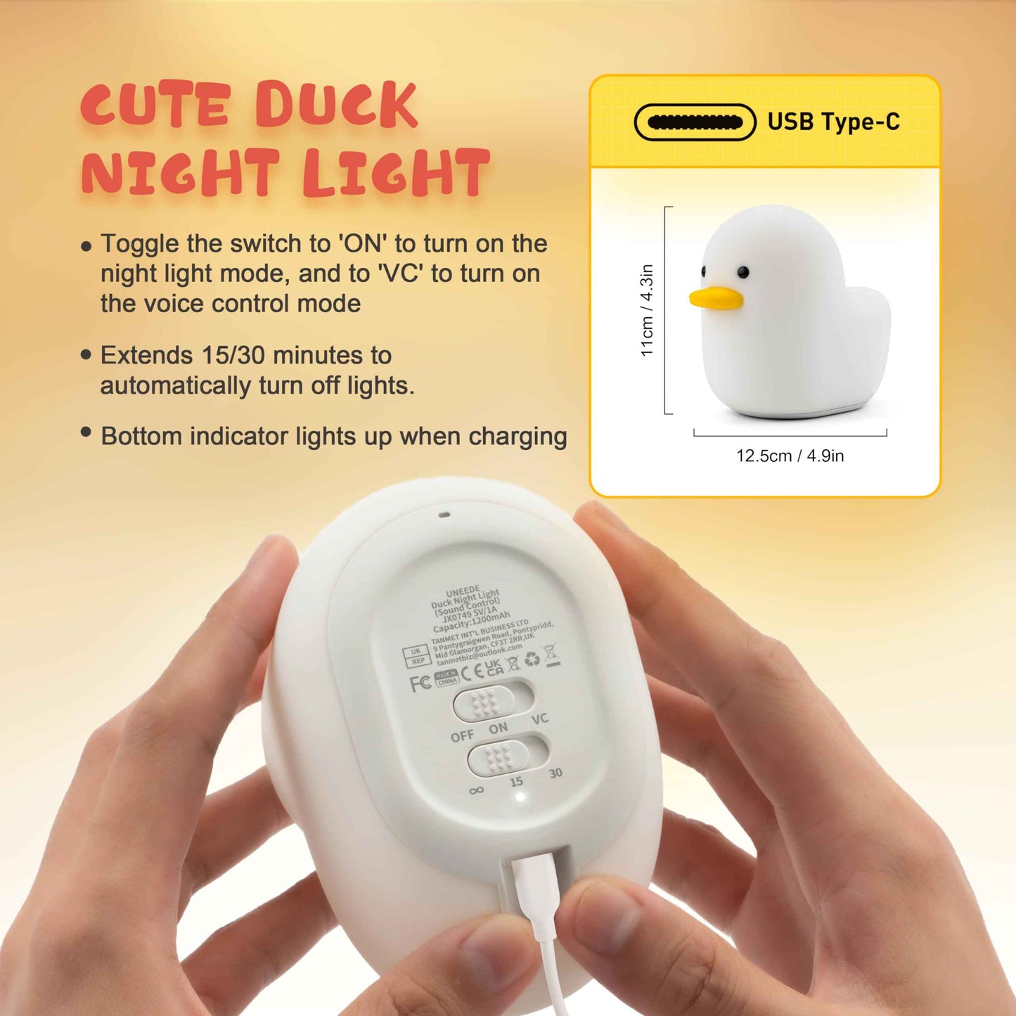 UNEEDE Voice Control LED Benson Night Light, Cute Duck Animal Silicone Nursery Night Light Rechargeable Table Lamp Bedside Lamp with Touch Sensor for Baby Girls Women Bedrooms, Living Room