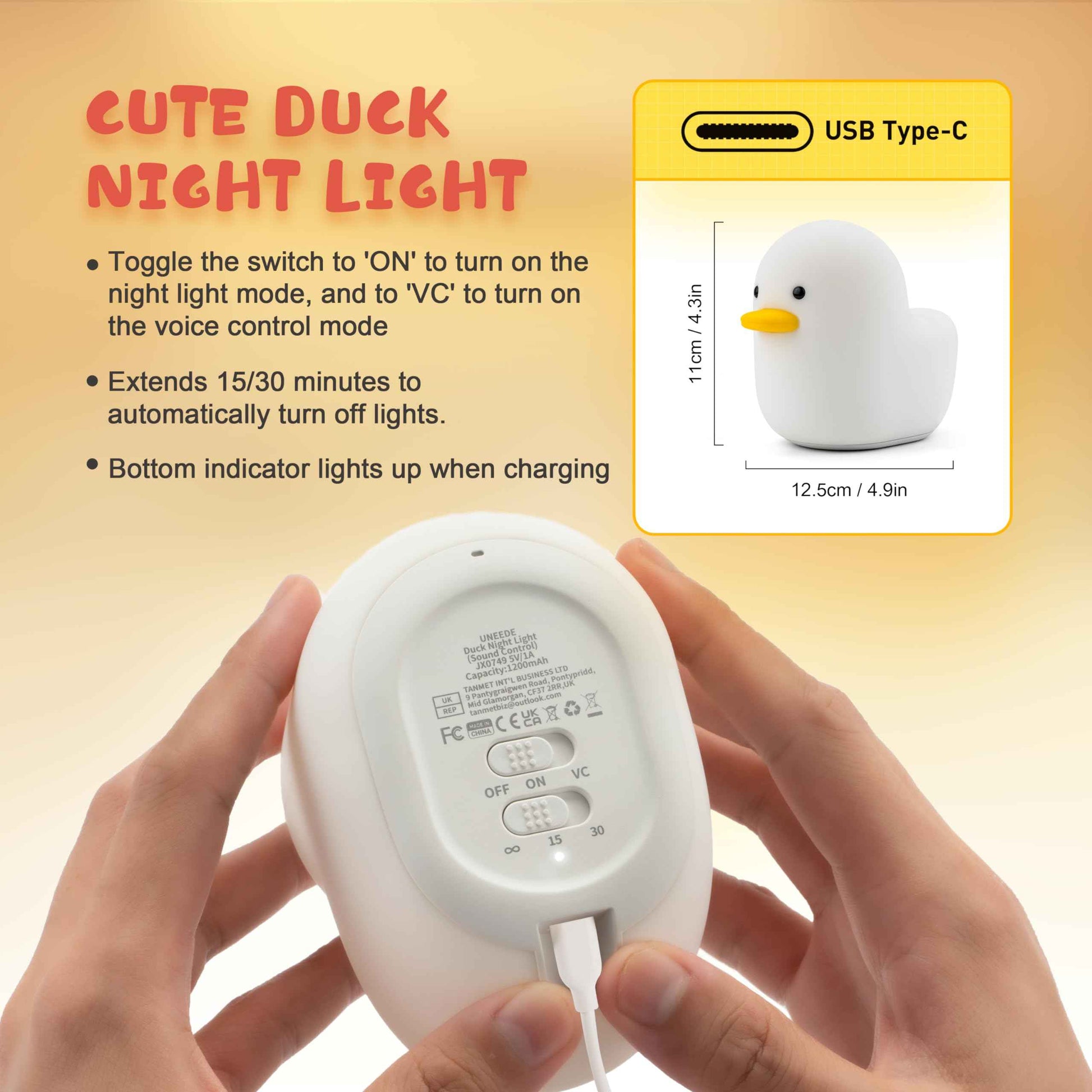 UNEEDE Voice Control LED Benson Night Light, Cute Duck Animal Silicone Nursery Night Light Rechargeable Table Lamp Bedside Lamp with Touch Sensor for Baby Girls Women Bedrooms, Living Room