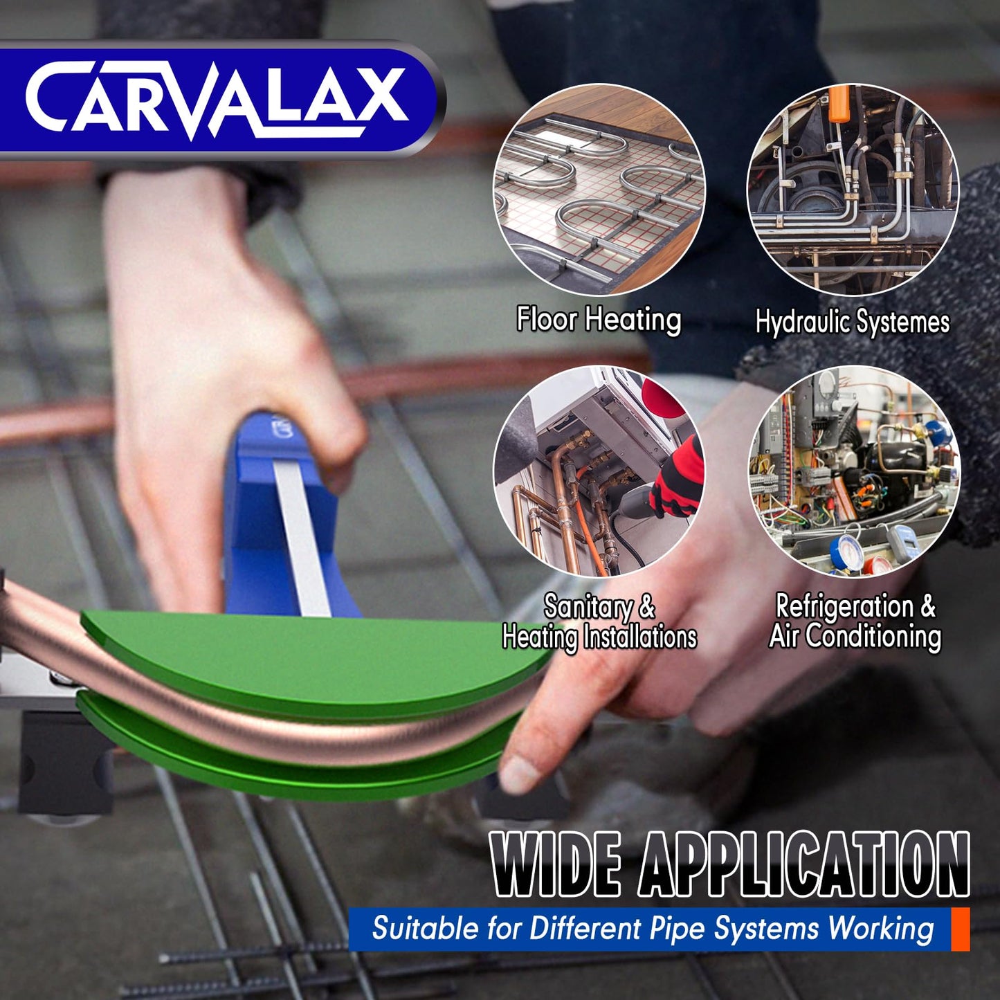 CARVALAX 90° Ratcheting Tube Bender Kit - 7 Color-Coded Aluminum Heads for 1/4" to 7/8" Pipes, Reverse-Bend Adapters & Portable Toolbox, Tube Cutter & Deburring for HVAC/Hydraulic Projects (Blue）