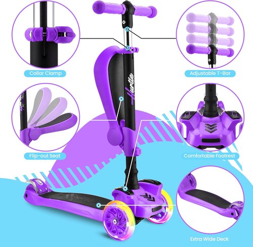 Hurtle 3-Wheeled Kids Scooter - LED Wheel Lights, Adjustable Handlebar & Foldable Seat | Sit or Stand Ride for Ages 1-14