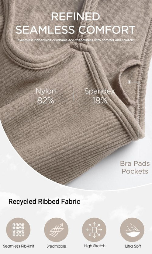 ODODOS 3-Pack Seamless Sports Bra for Women Ribbed Camisoles Non Padding Yoga Bra Crop Tank Tops, Taupe+Black+Charcoal, X-Large