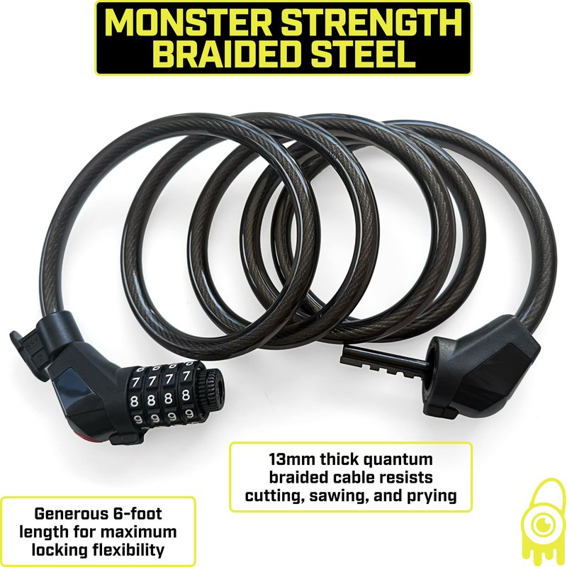Monster Lock 6-Foot x 12-Gauge Combination Cable Lock with Built-in LED Light – Heavy-Duty Bike, Gate, and Outdoor Security Lock – Trust The Monster … Unbeatable Security