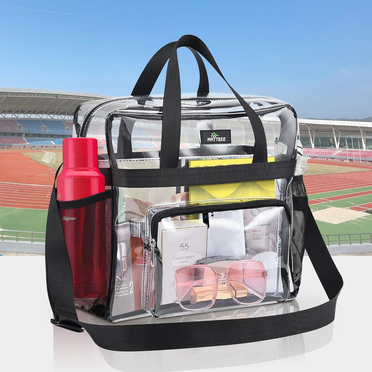 MAY TREE Clear Stadium Tote Bag - 12x6x12 Clear Lunch Bag with Reinforced Straps for Events | Gym Use