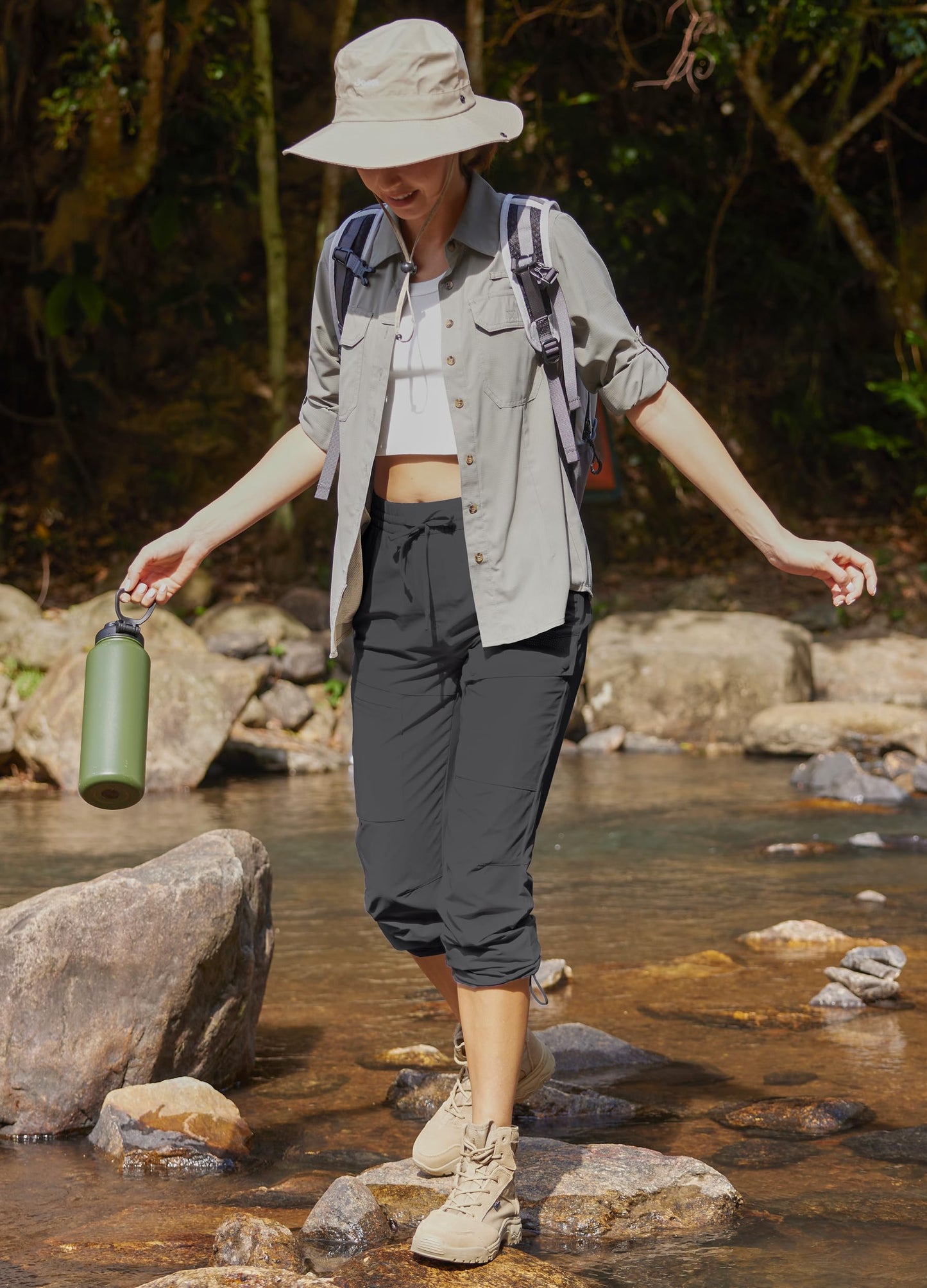 Libin Women's Hiking Pants 27" Cargo Pants with 5 Pockets, Dark Grey L