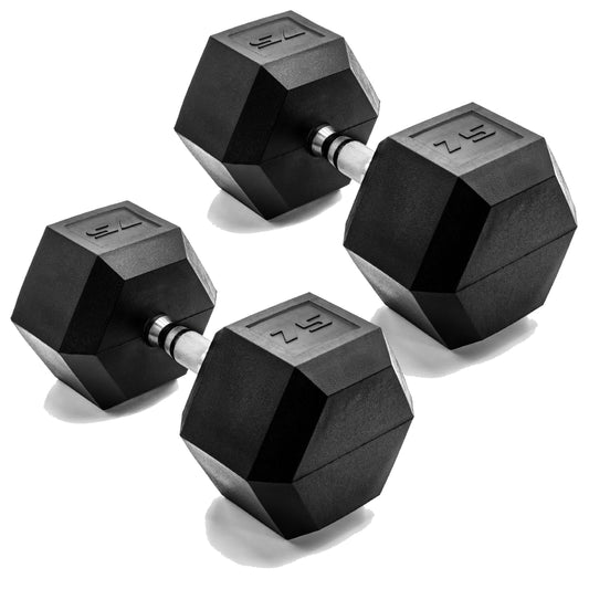 CAP 75 LB Rubber Coated Hex Dumbbell Weight, Rubber Free Weights for Home Gym Strength Training, Chrome Handle, Pair