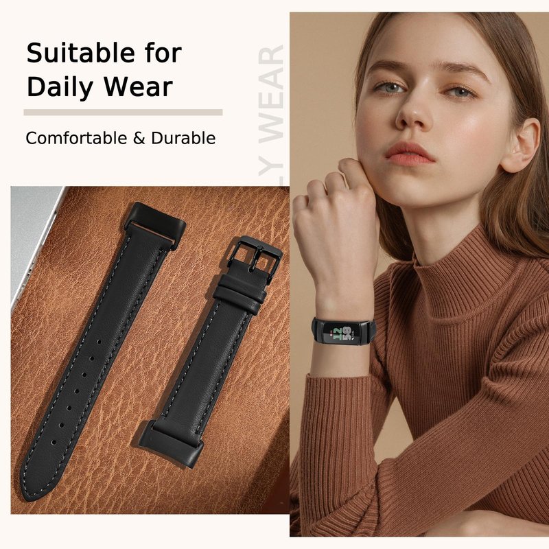 Farluya Leather Watch Bands Compatible with Fitbit Charge 6/Charge 5,Genuine Leather Replacement Straps for Charge 6/Charge 5 Accessories for Women Men.Black