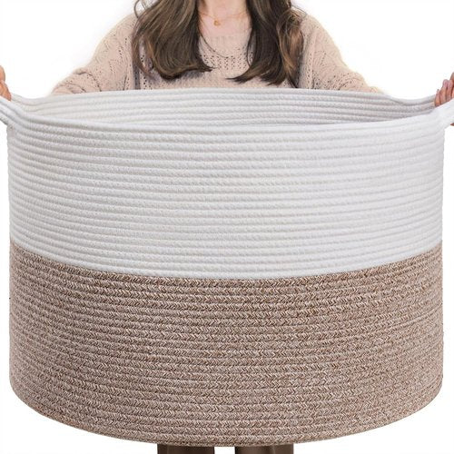INDRESSME Storage Basket - XXXLarge Woven Cotton Rope Organizer with Handle | 21.7" x 21.7" x 13.8" for Toys and Pillows
