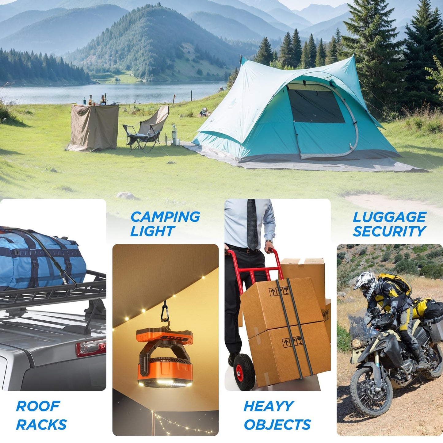 SDTC Tech 12 Inch Adjustable Bungee Cords with Carabiner Hooks, 4 Pack Heavy Duty Outdoor Super Elastic Bungee Straps Easily Adjust from 8" to 18" for Cargo, Bike, Luggage, Carts, Truck