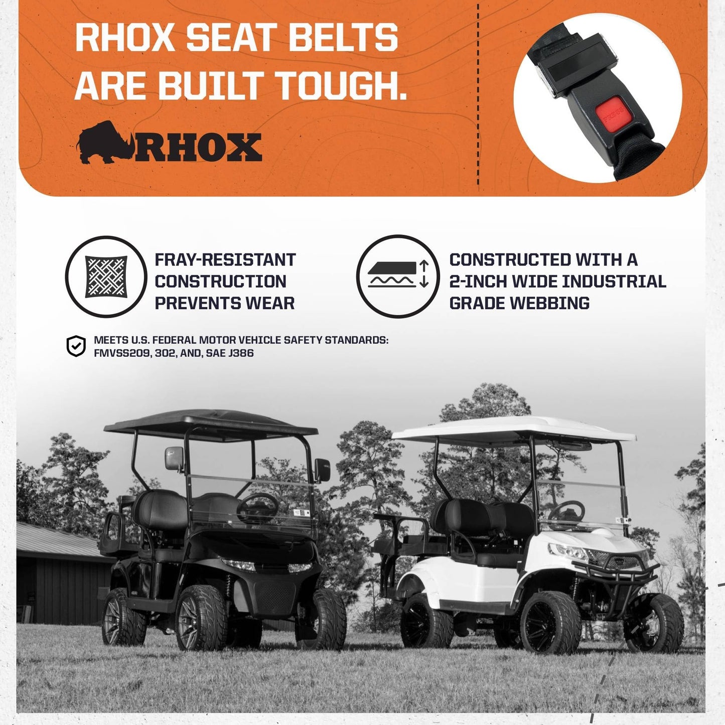RHOX SEAT‑2000 Universal Golf Cart Seat Belt 60" Heavy‑Duty 2" Lap Belt, Fits EZGO, Club Car, Yamaha,FMVSS/SAE Safety‑Compliant