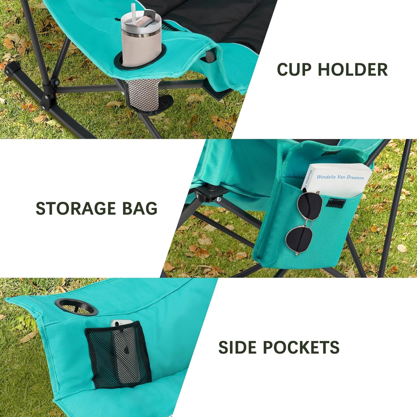 Unisakey Oversized Rocking Camping Chair - 400lbs Capacity, Headrest & Cup Holder, Portable Outdoor Rocker in Black/Green