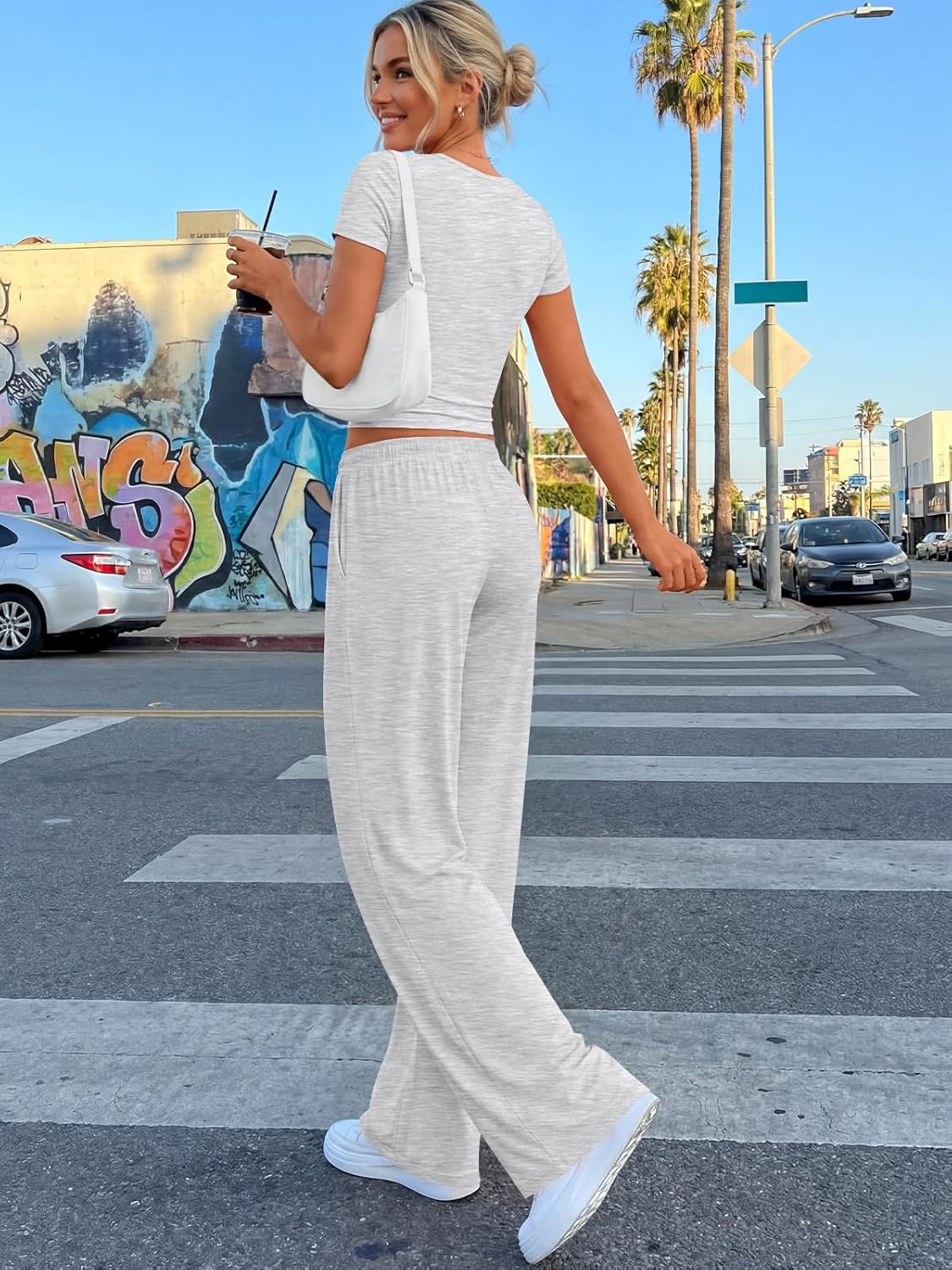 Trendy Queen 2-Piece Summer Sweatsuit Set - Women's Side Ruching Top & Wide Leg Pants with Pockets