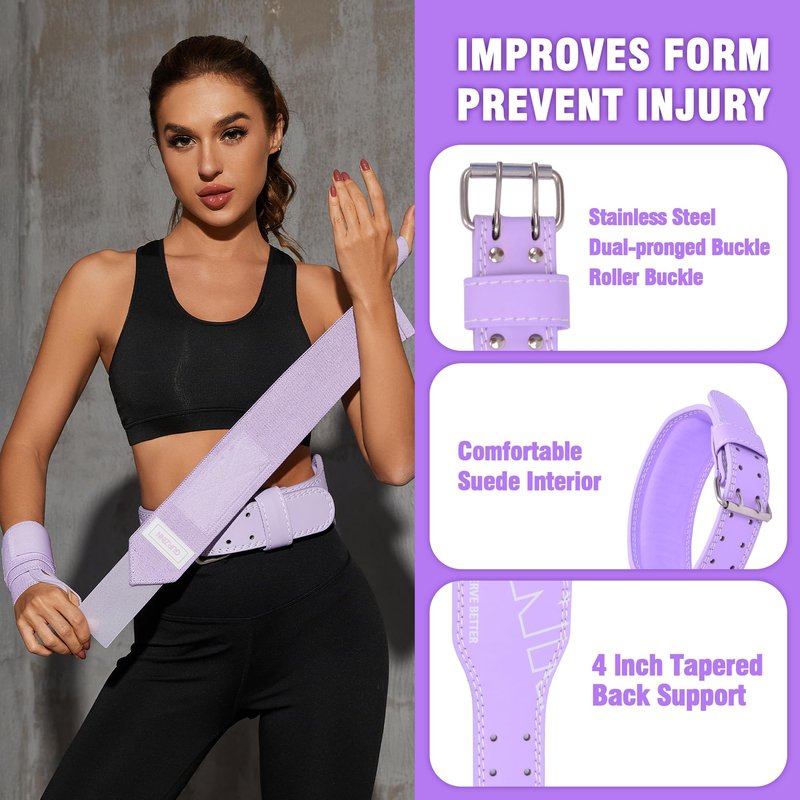 Weight Lifting Belt 4 inch Leather Belt Foam Padded Back Support Gym Belt for Bodybuilding Squat Deadlift Weightlifting Belt Women Free Wrist Wrap(Purple/XS)