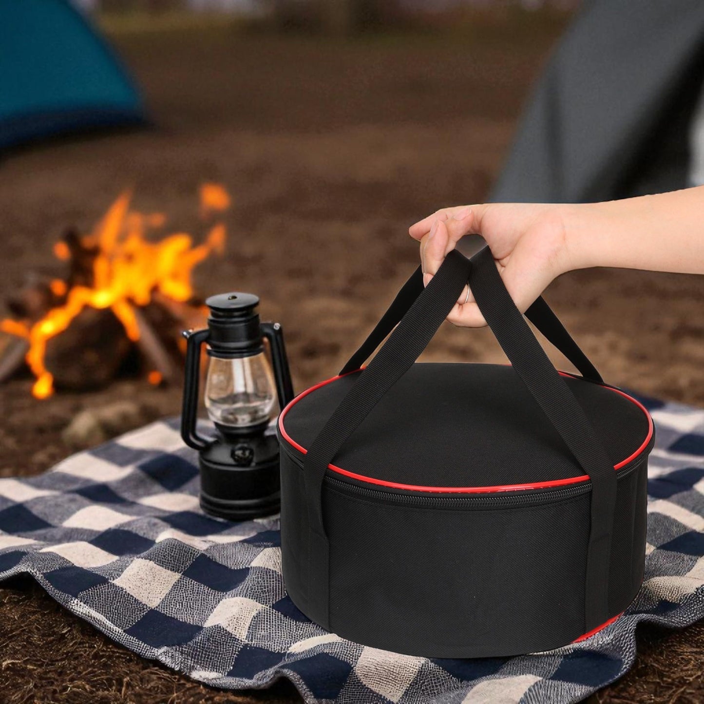 KH866 Camping Tableware Organizer Outdoor Hiking Plate Dishes Bowl Pot Storage Bag, Large Round Crockery Protectors Travel Dinnerware Chest, Camp Dish Bags with Zipper for Cupboard