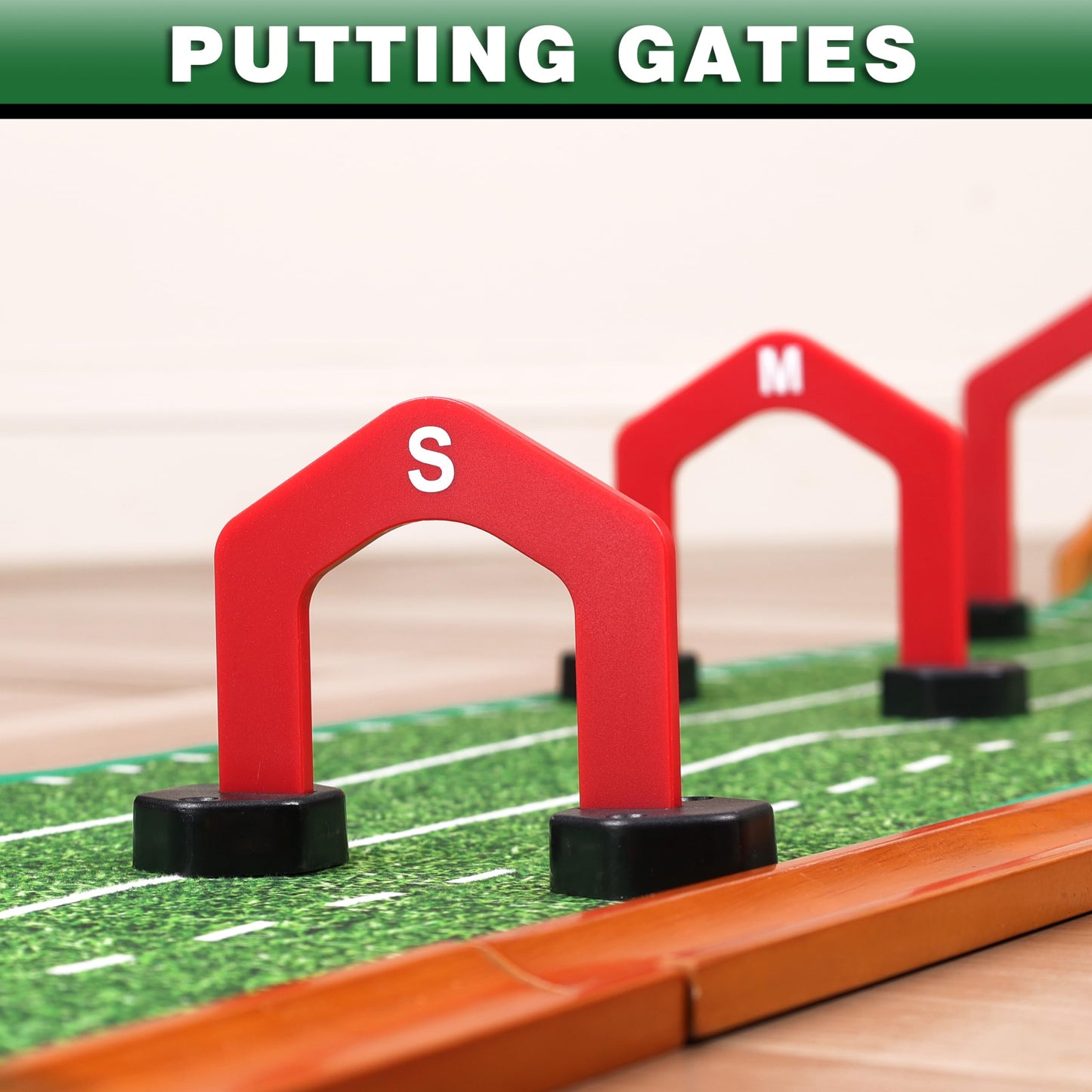 CHAMPKEY Premium Golf Putting Green Indoor with 3 Golf Putting Gates - Improves Putting Accuracy and Skill Levels Golf Putting Mat - Ideal for Indoor and Outdoor Training(Dual Hole - Wooden)