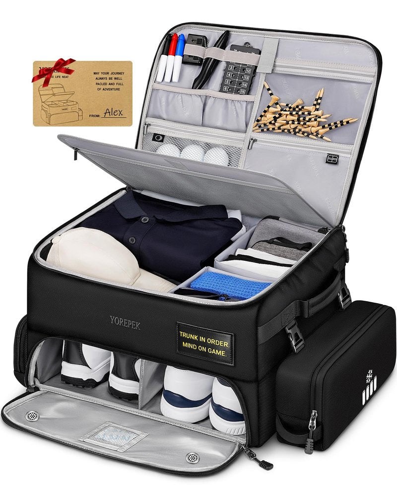 YOREPEK Upgraded Golf Trunk Organizer, Golf Gifts for Men, with Removable Insulated Pouch&Dust-Proof Protective Layer, Multi-Compartment fits 2 Pairs of Shoes, Golf Accessories