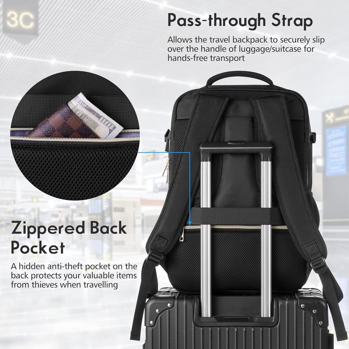 MOMUVO Travel Backpack - Airline Approved Carry-On for Women | 15.6" Laptop, USB Charging, Black