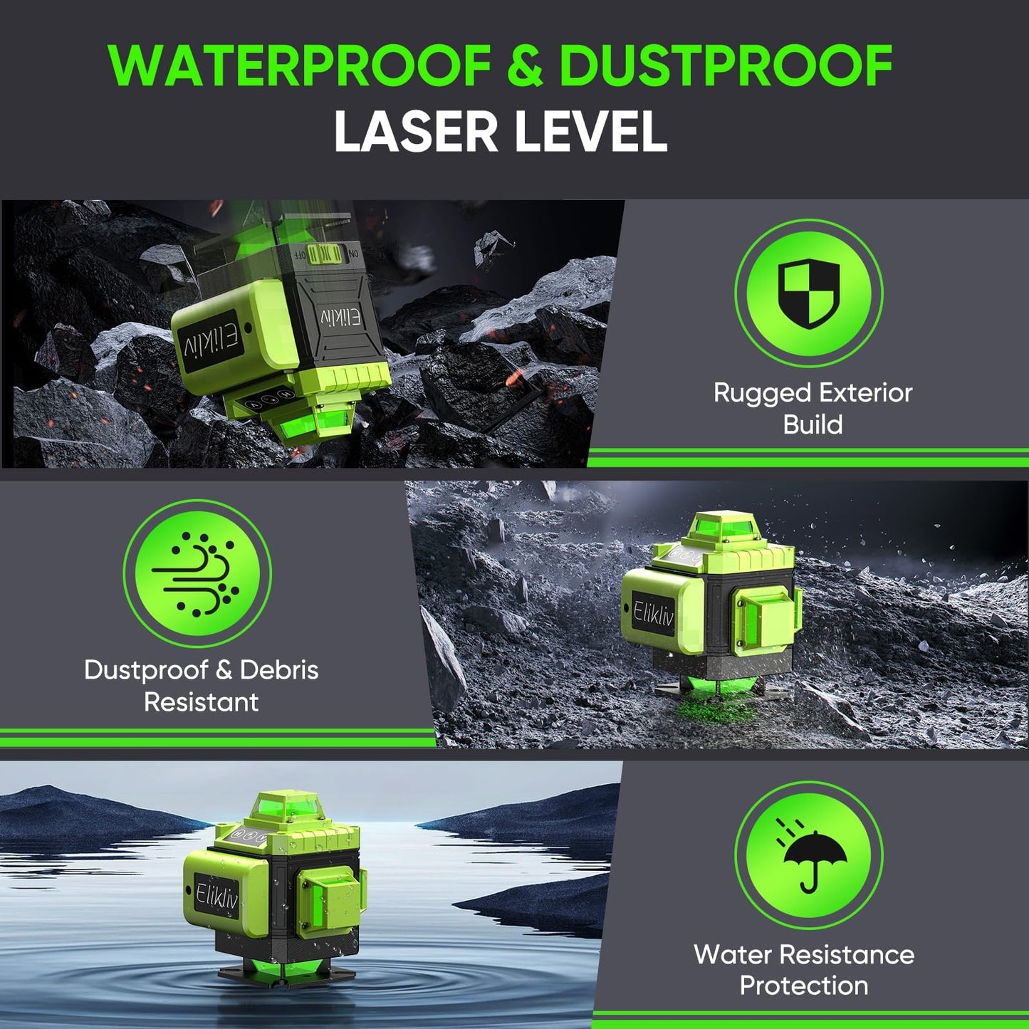 Laser Level Self Leveling - Elikliv 200ft Robust Indoors 4D Green Cross Line Laser Level 4x360 Horizontal Vertical Dual-beam Lasers for DIY or Professional Job Site Integrated Bracket Included