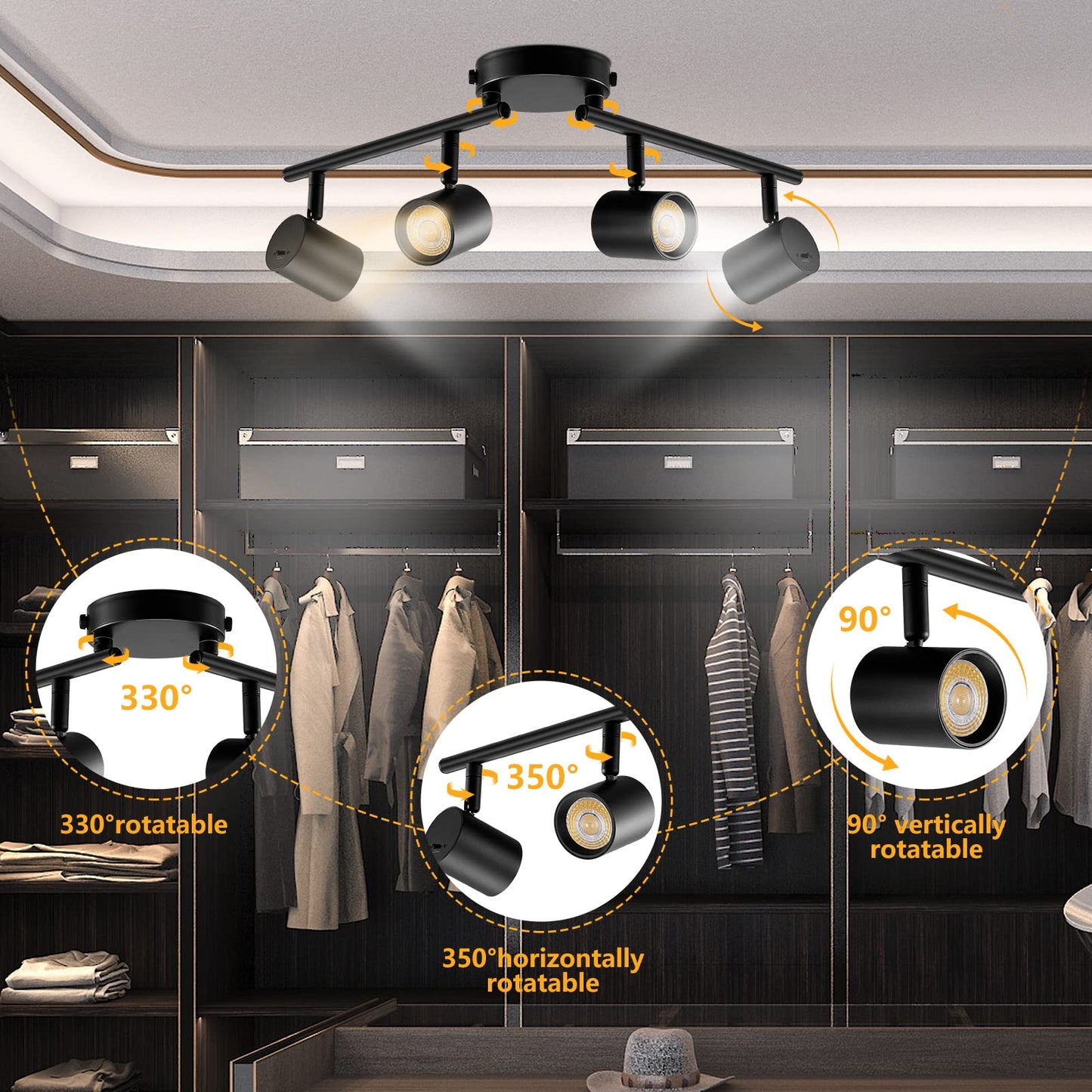 VANoopee 5-Color 4 Light Black LED Track Lighting Fixtures Ceiling for Kitchen, Dimmable Track Lighting Kit, Ceiling Spotlight Flush Mount Adjustable Directional Spot Lights Indoor, CRI90 2400lm 30W