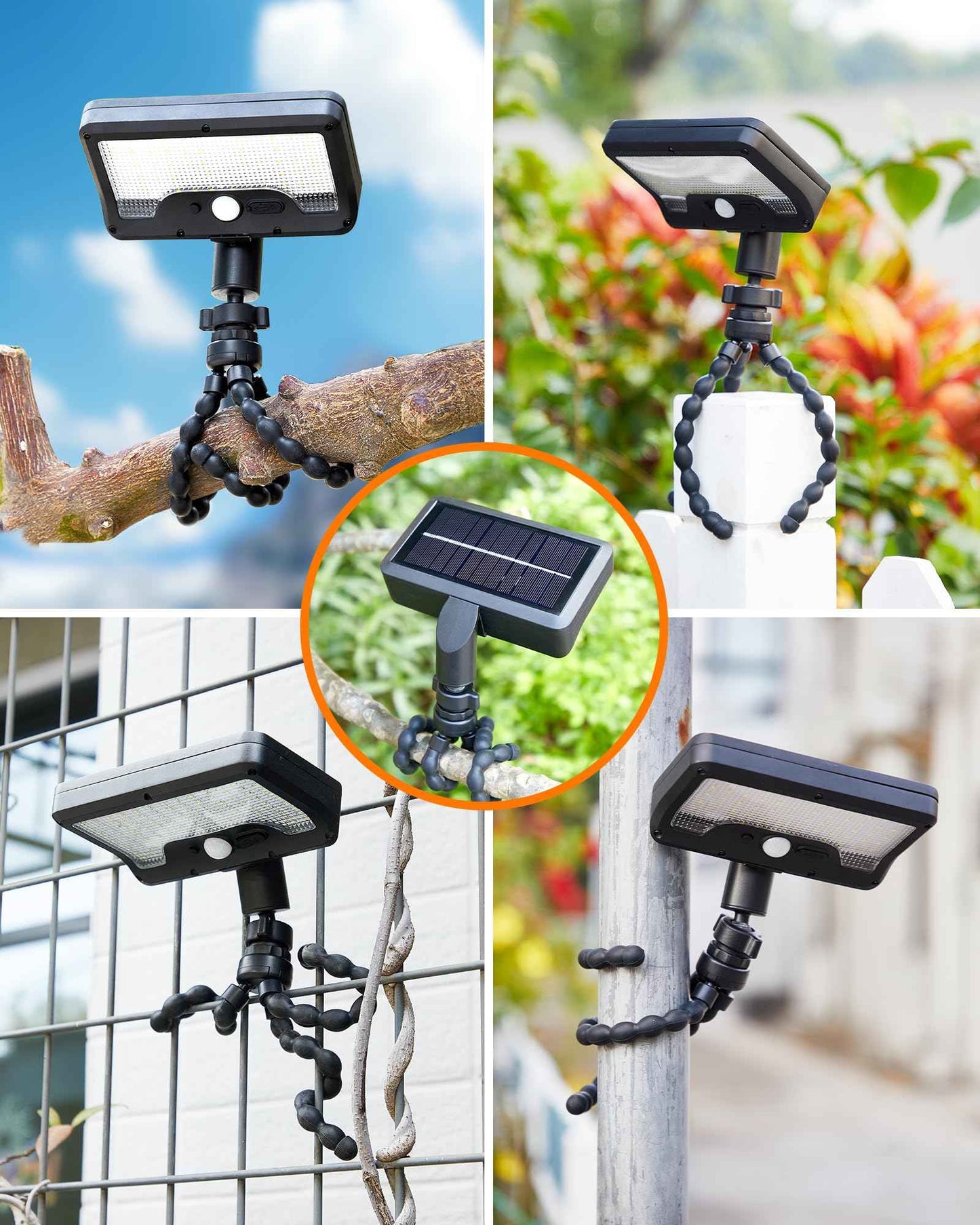 Thumok Solar Motion Lights Outdoor,600LM Motion Sensor Solar Light with Flexible Octopus Tripod,Dual Charging,Outdoor Sercurity Lights for Deck Fence, Garden,Camping,Patio (Black, 1)