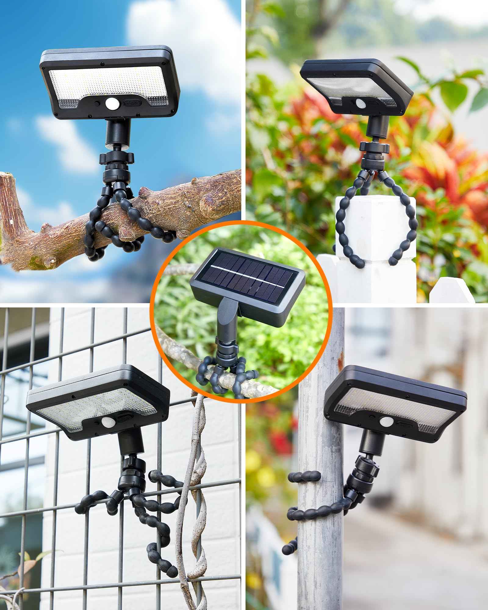 Thumok Solar Motion Lights Outdoor,600LM Motion Sensor Solar Light with Flexible Octopus Tripod,Dual Charging,Outdoor Sercurity Lights for Deck Fence, Garden,Camping,Patio (Black, 1)