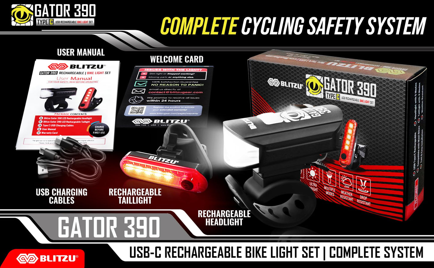Bike Lights for Night Riding, Super Bright Bicycle Reflectors, USB Rechargeable Bike Lights Front and Back, Water-Resistant, 4+5 Modes Headlight Taillight Set for Safety, Men, Women & Kids Gator 390