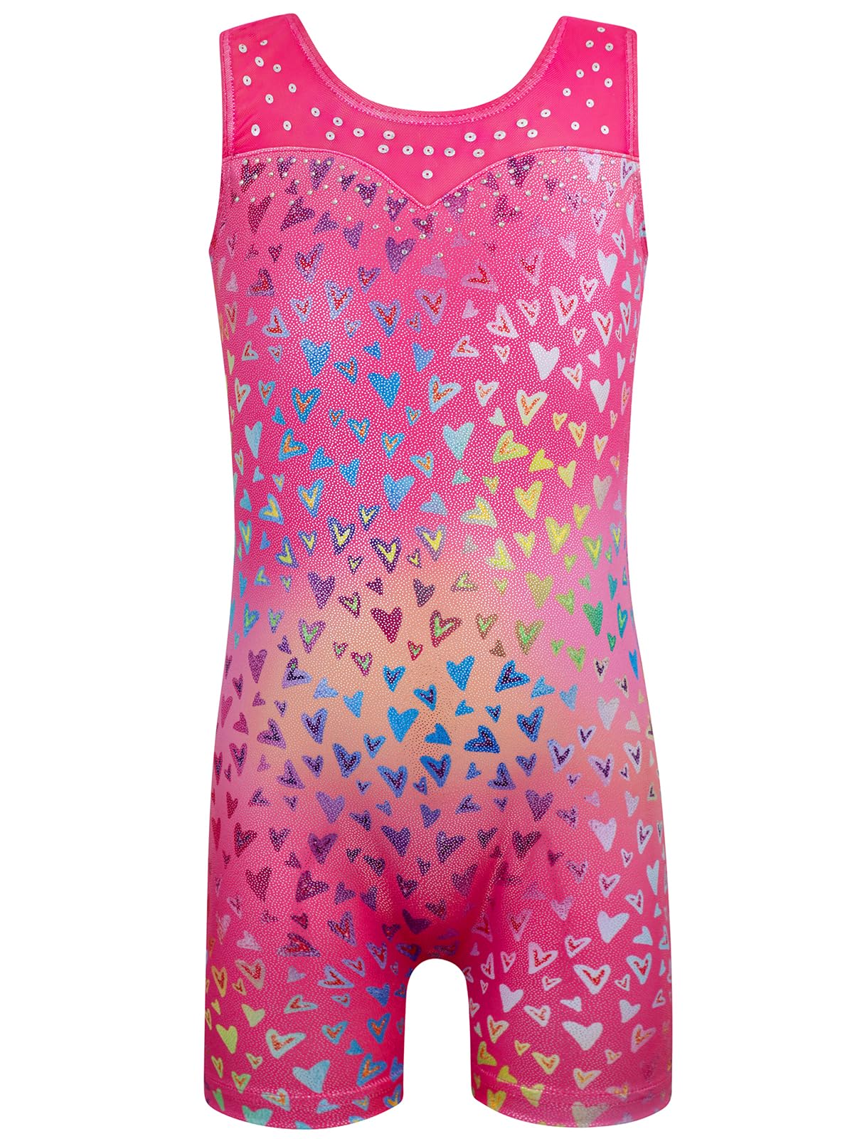 HOZIY Gymnastics Leotards for Girls Mesh Neckline with Iridescent Rhinestones Back Cut Out Sleeveless Size 9-10 Years Love Heart Biketard Shorts Tumbling Outfits Kids Sparkly Shiny