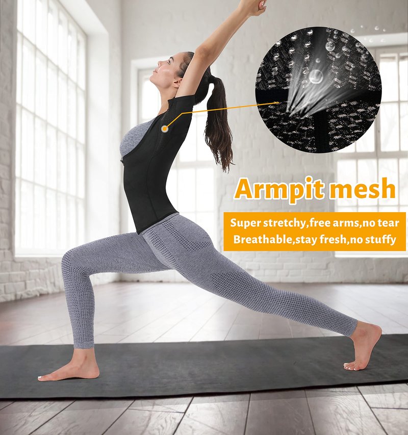 QZSH Women Sauna T-Shirt Sweat Vest Heat Trapping Suit Slimming Tank Top Zipper,Armpit Mesh(TBH6005-07-XXXL)