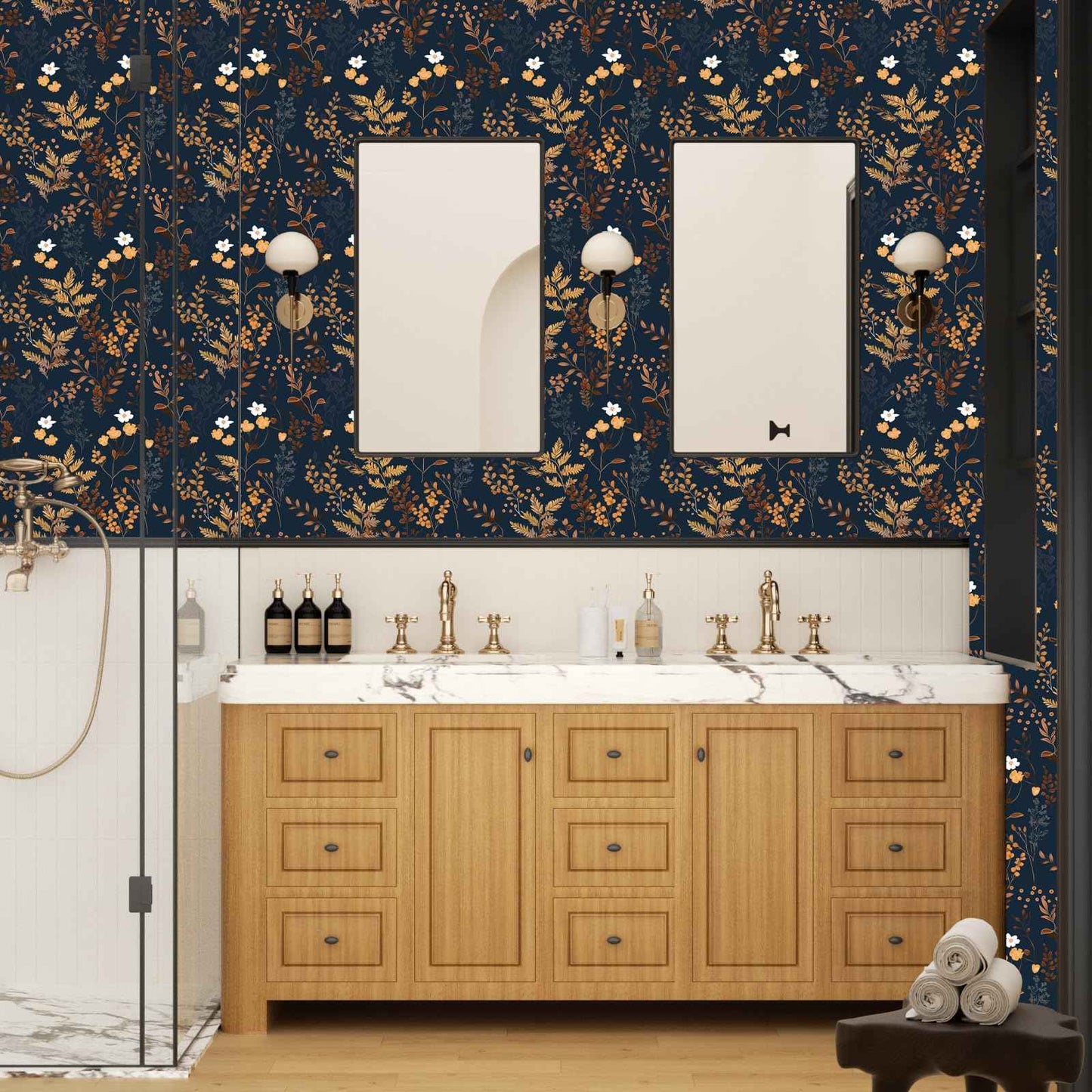 XRUIBZI Dark Blue Floral Wallpaper Peel and Stick Wallpaper Leaf Wallpapers Gold Leaf Contact Paper for Cabinets Waterproof Self Adhesive Wall Paper for Kitchen Countertop Wall 17.5" x 118"