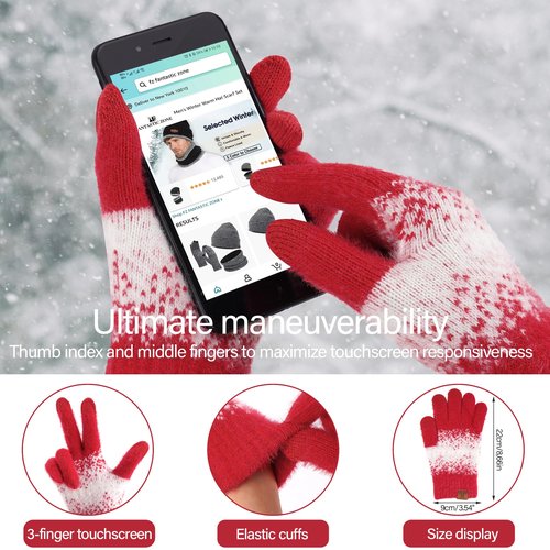 Womens Winter Knit Beanie Hats and Touchscreen Gloves Long Scarf Set with Warm Fleece Lined Skull Caps Scarves for Women Red White