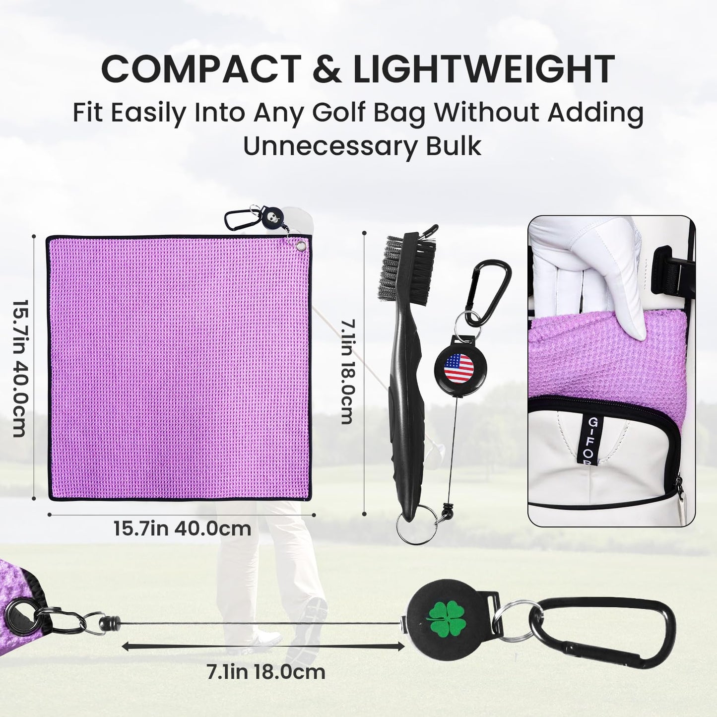 Amy Sport Golf Towels for Golf Bags for Women Men Value 2 Pack with 3 Strong Magnetic Retractable Carabiner and Black Brush, 16''X16'' Microfiber Waffle Pattern Towel Absorbent Set (Purple)