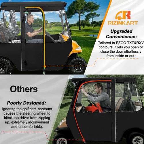 Golf Cart Deluxe Enclosure Cover for EZGO TXT & RXV 2 Seat 600D with 3 Door Zippers, Security Side Mirror Reserved, Waterproof Portable Transparent Storage Driving Rain Cover Short Roof