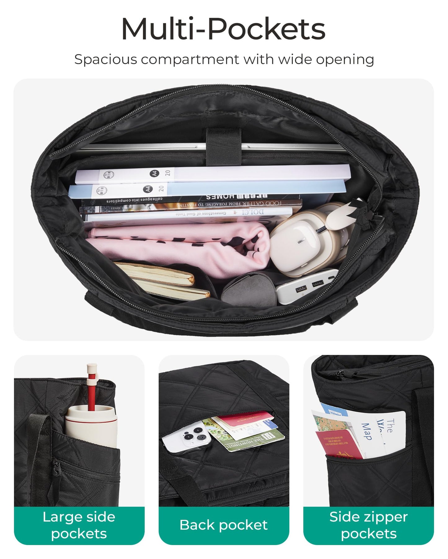 BAGSMART Crush Tote Bag for Women, 20L Puffer Work Tote with Zipper, Travel Essentials Quilted Nurse Hospital Bag, Charcoal