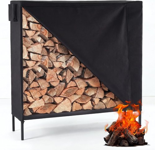 DUMOS Heavy Duty Firewood Storage Rack - 4FT Log Holder with Cover & Zipper for Indoor/Outdoor Use