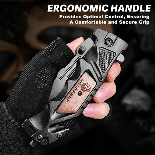 MADSABRE Black Pocket Knife with Clip, 9.6" Work Knife EDC Folding Knives with Seat Belt Cutter and Glass Breaker, Foldable Knife for Survival Camping Hiking Fishing Hunting