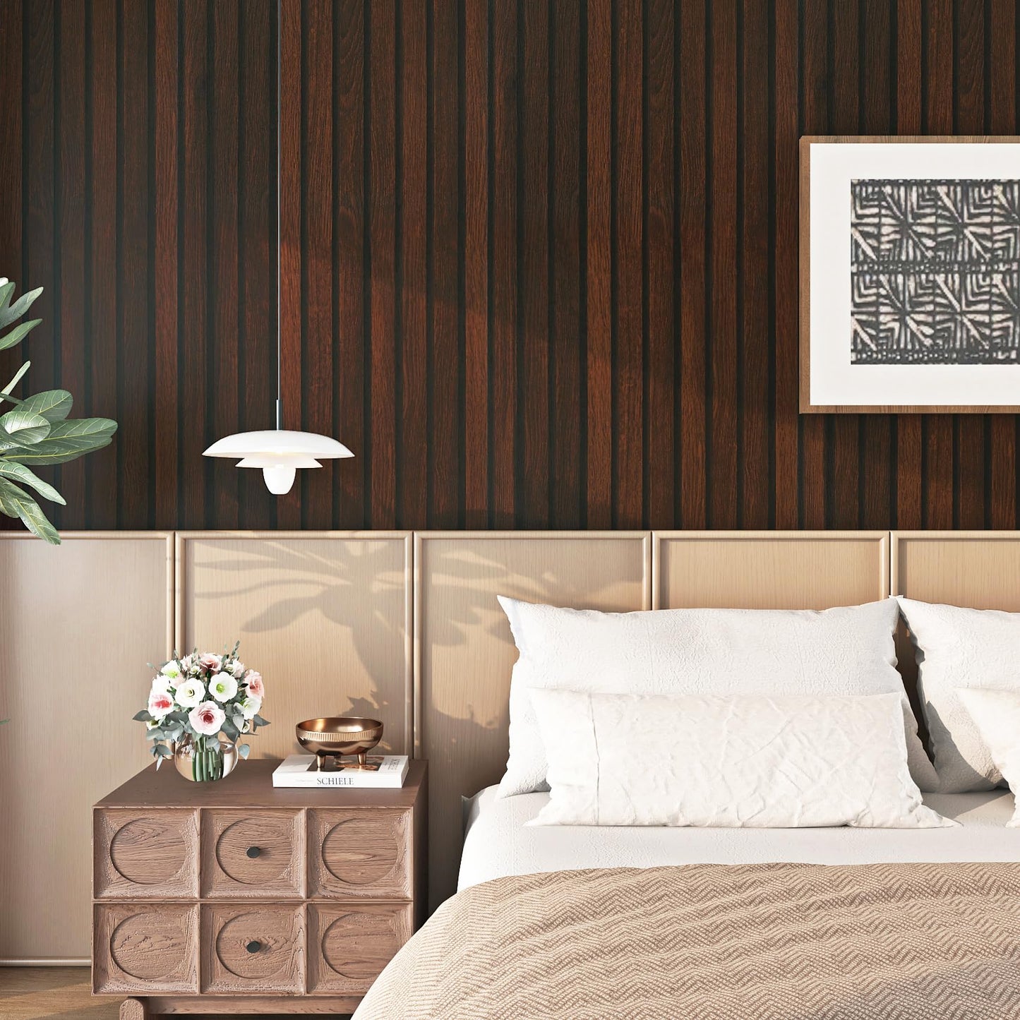 FunStick Brown Slats Wood Wallpaper Peel and Stick Removable Walnut Wood Contact Paper for Cabinets Peel and Stick Wood Slat Wall Panel Wallpaper for Bedroom Bathroom Accent Wall Waterproof 15.8"x80"
