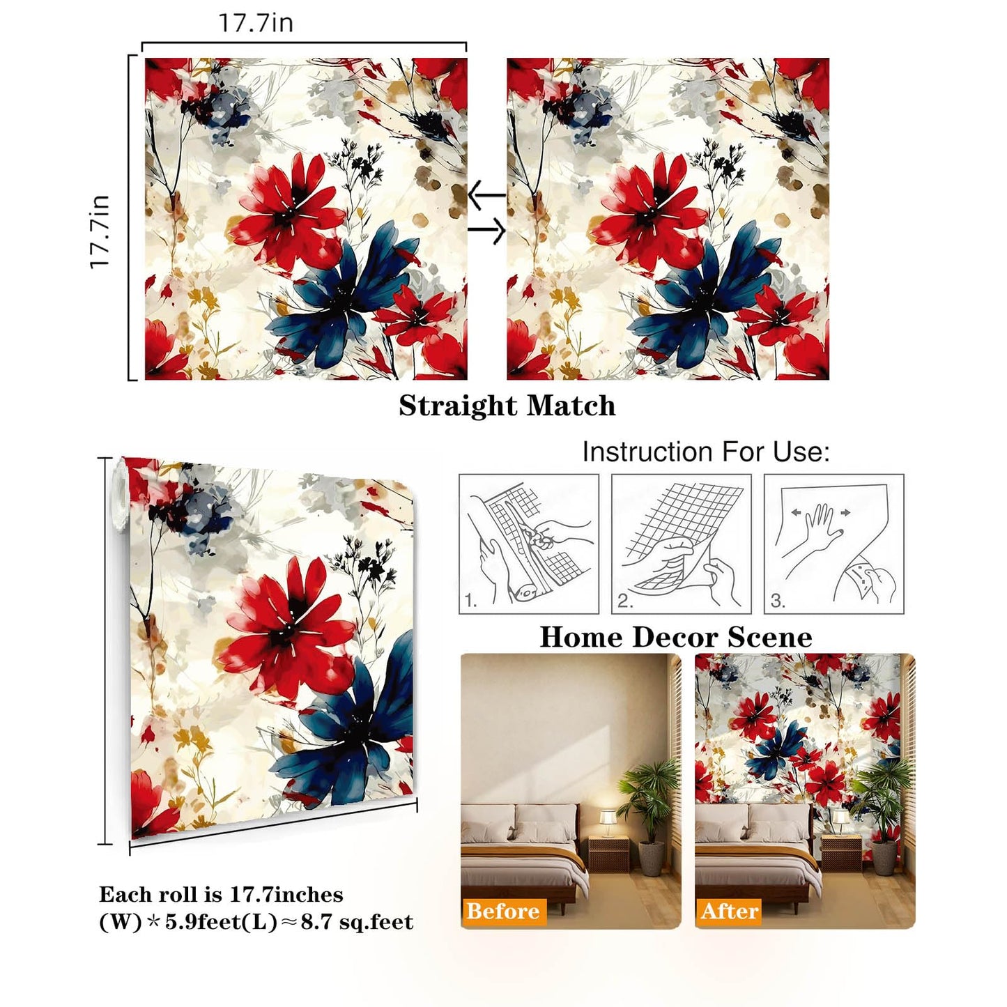Akodm Large Red Floral Peel and Stick Wallpaper Vintage Removable Self-Adhesive Contact Paper Vinyl Thick Waterproof Renter Friendly Funky Flower Accent Wall for Bathroom 17.7"x70.8"