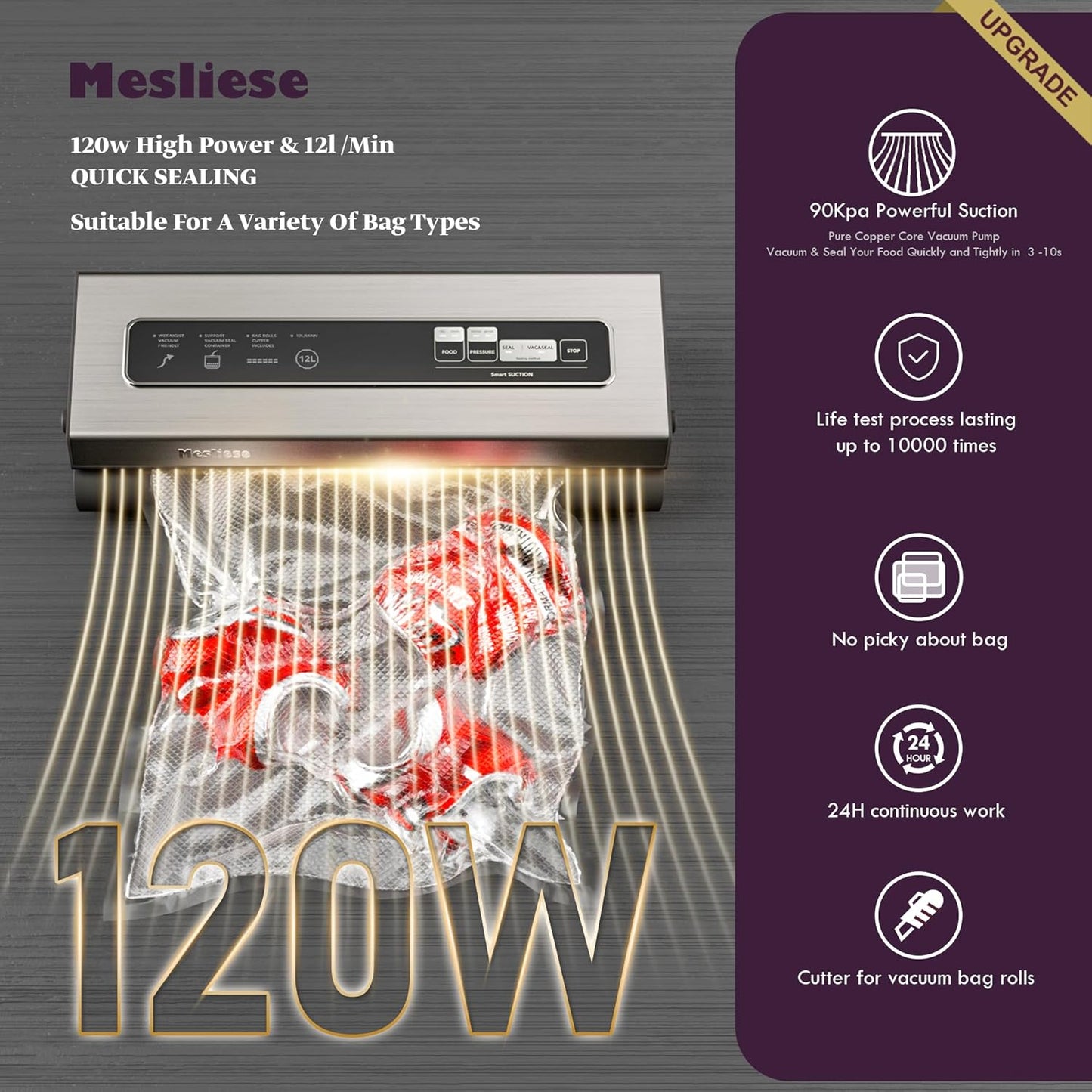 Mesliese Vacuum Sealer Machine - Powerful 90Kpa 6-in-1 Food Preservation System | Compact Silver Design with Cutter & 7 Bags
