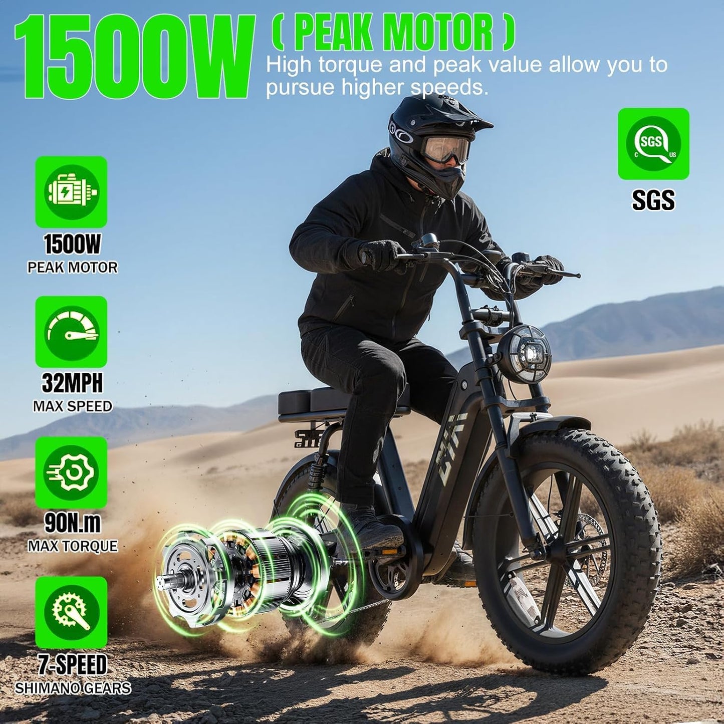 TST Electric Bike for Adults 1500W Peak 20" Fat Tire All-Terrain E-Bike 60 Miles Electric Dirt Bike for Road Sand Mountain Snow - 48V 15AH Battery