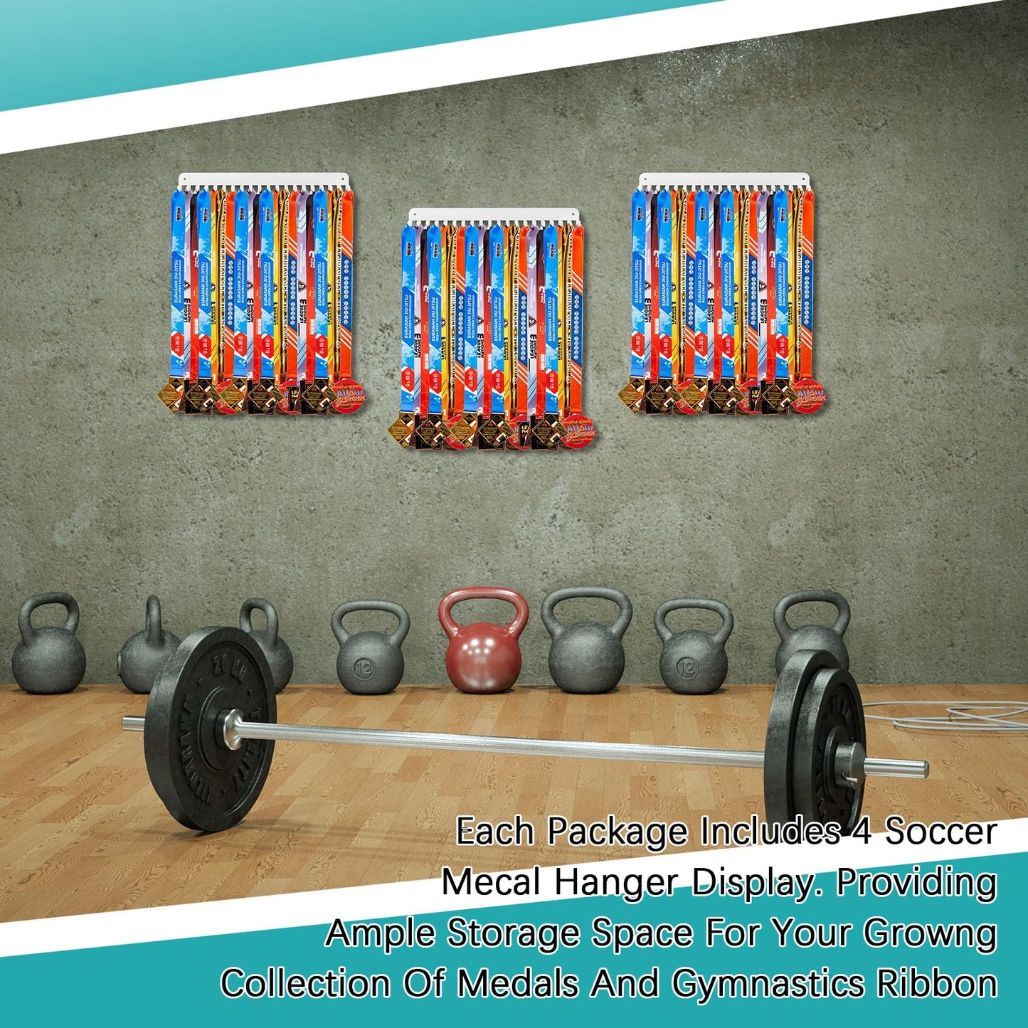 Geetery 4 4 Pack Medal Hanger Display with 20 Hooks Each, Sturdy Steel Wall Mount Medal Holder Rack Holds 60+ Awards for Gymnastics Marathon Sport Runner Soccer Wrestle Swim, Easy to Install (White)